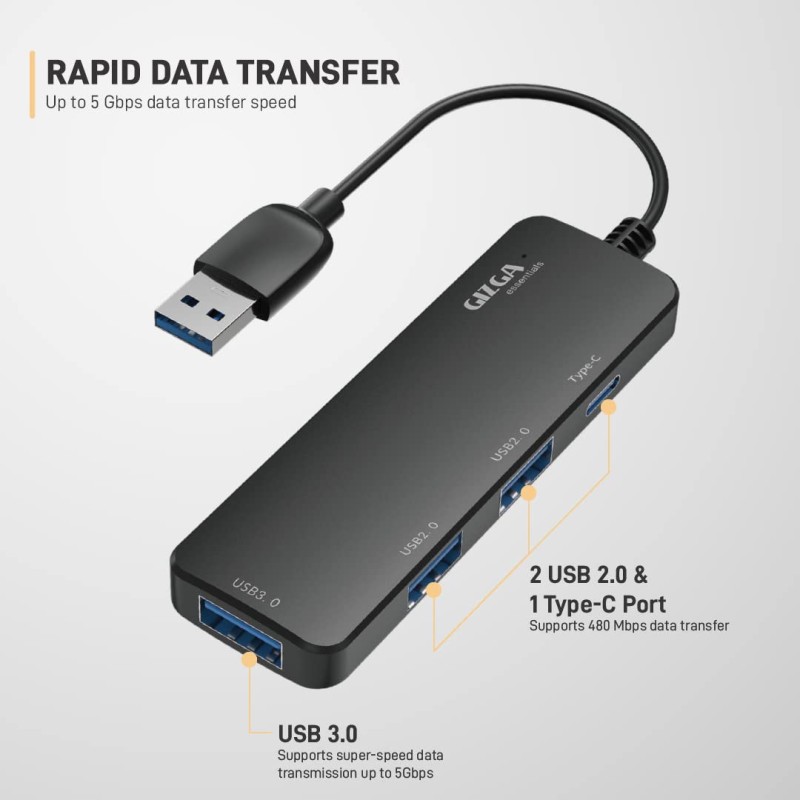 GIZGA essentials USB A 3.0 HUB, 4 Port Adapter, 5GBPS Fast Data Transfer, 3 USB A Ports, 1 Type C, Multi-System Compatible, MacBook, Type-A Devices, for Windows/Mac OS/Linux,Black GIZGA essentials USB A 3.0 HUB, 4 Port Adapter, 5GBPS Fast Data Transfer, 3 USB A Ports, 1 Type C, Multi-System Compatible, MacBook, Type-A Devices, for Windows/Mac OS/Linux,Black