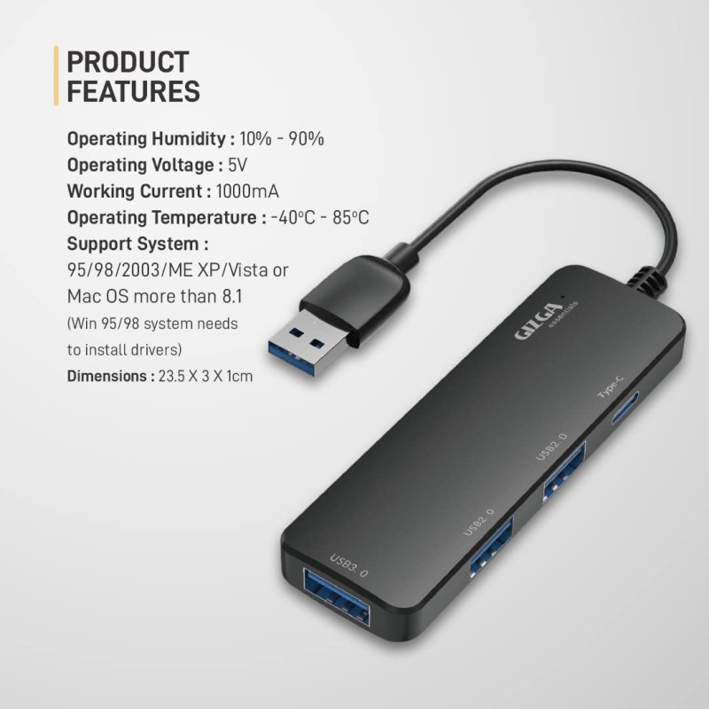 GIZGA essentials USB A 3.0 HUB, 4 Port Adapter, 5GBPS Fast Data Transfer, 3 USB A Ports, 1 Type C, Multi-System Compatible, MacBook, Type-A Devices, for Windows/Mac OS/Linux,Black GIZGA essentials USB A 3.0 HUB, 4 Port Adapter, 5GBPS Fast Data Transfer, 3 USB A Ports, 1 Type C, Multi-System Compatible, MacBook, Type-A Devices, for Windows/Mac OS/Linux,Black