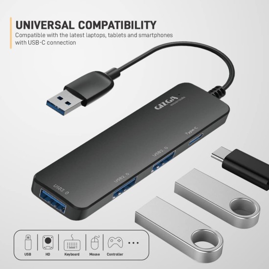 GIZGA essentials USB A 3.0 HUB, 4 Port Adapter, 5GBPS Fast Data Transfer, 3 USB A Ports, 1 Type C, Multi-System Compatible, MacBook, Type-A Devices, for Windows/Mac OS/Linux,Black