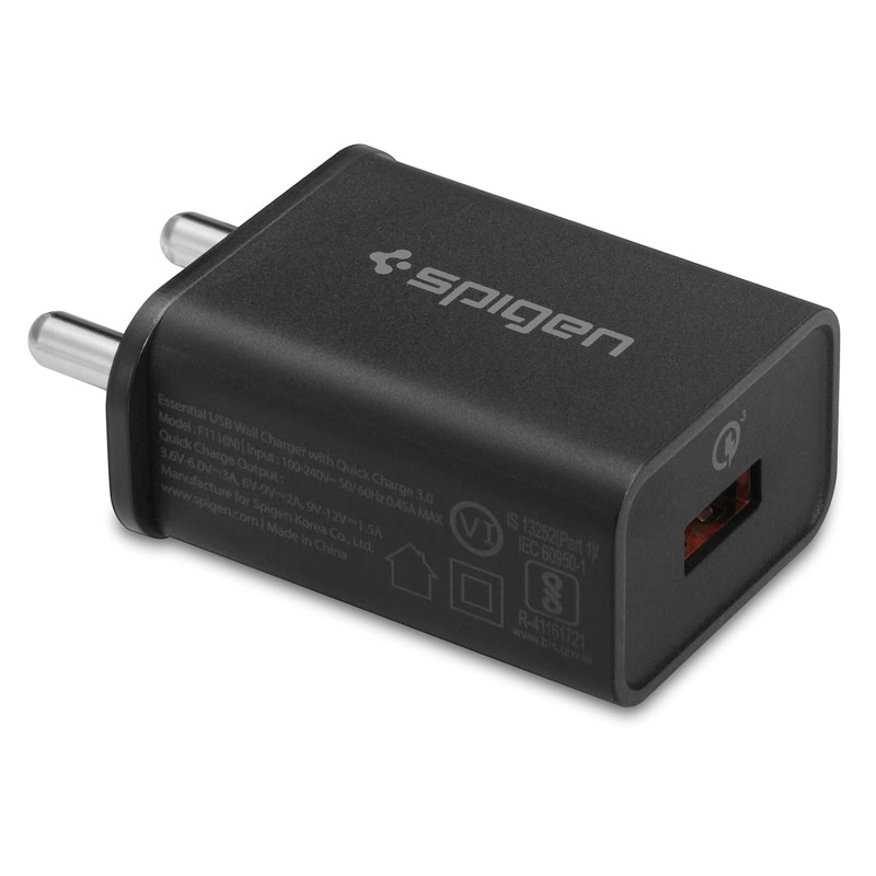 Spigen F111 18 W Single Port Charger Adapter For Cellular Phones With Usb Cable - Black Spigen F111 18 W Single Port Charger Adapter For Cellular Phones With Usb Cable - Black