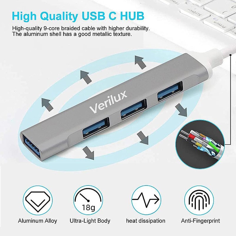 Verilux? USB C Hub Multiport Adapter with 4 USB Ports High Speed 3.0 USB Hub for Laptop USB Type C Hub for Macbook Pro Air C-Type Smartphones USB Extender with Multi USB Port for Laptop Type-C Devices