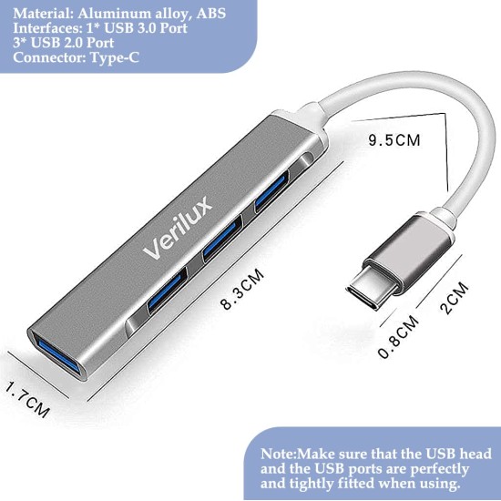 Verilux� USB C Hub Multiport Adapter with 4 USB Ports High Speed 3.0 USB Hub for Laptop USB Type C Hub for Macbook Pro Air C-Type Smartphones USB Extender with Multi USB Port for Laptop Type-C Devices