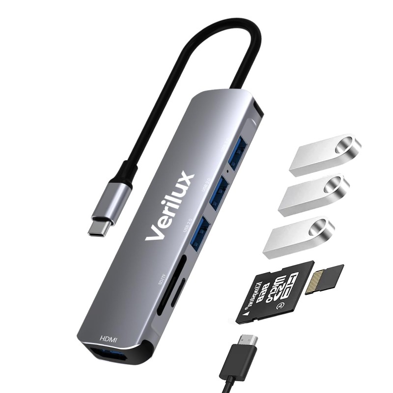 Verilux� USB C Hub Multiport Adapter- 6 in 1 Portable Aluminum Type C Hub with 4K HDMI Output, USB 2.0/3.0 Ports, SD/Micro SD Card Reader Compatible for MacBook Pro 2016-2020, MacBook Air 2018-2020, Type-C Devices