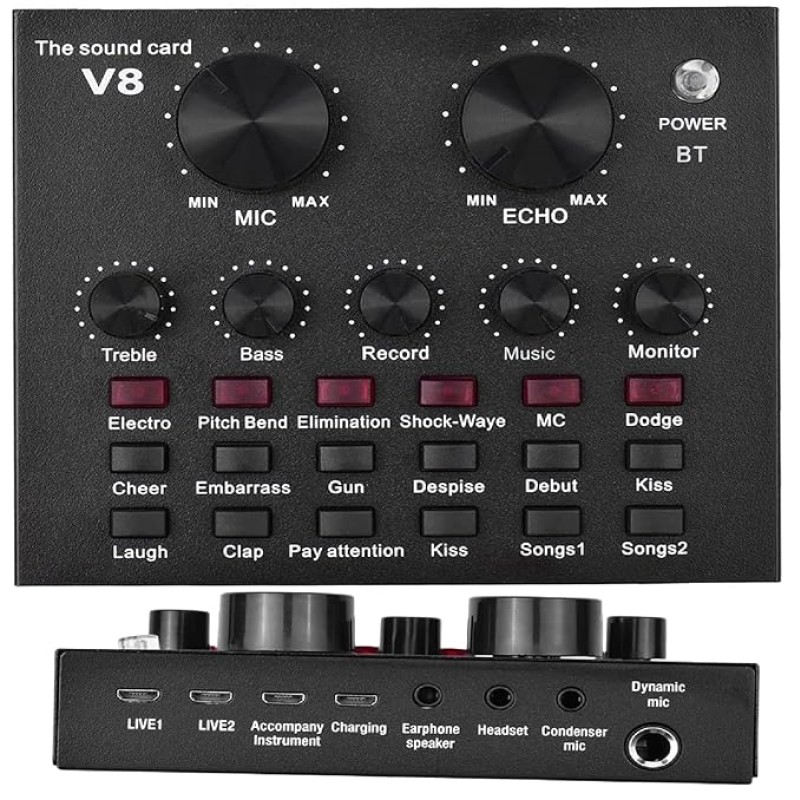 Powerpak V8 Portable Audio Mixer Interface, Bluetooth Sound Card for Live Streaming, Recording, Podcast,Voice Change/Karaoke/Gaming/Singing with Sound Effects, 3.5mm Mic Jack for Guitar Powerpak V8 Portable Audio Mixer Interface, Bluetooth Sound Card for Live Streaming, Recording, Podcast,Voice Change/Karaoke/Gaming/Singing with Sound Effects, 3.5mm Mic Jack for Guitar