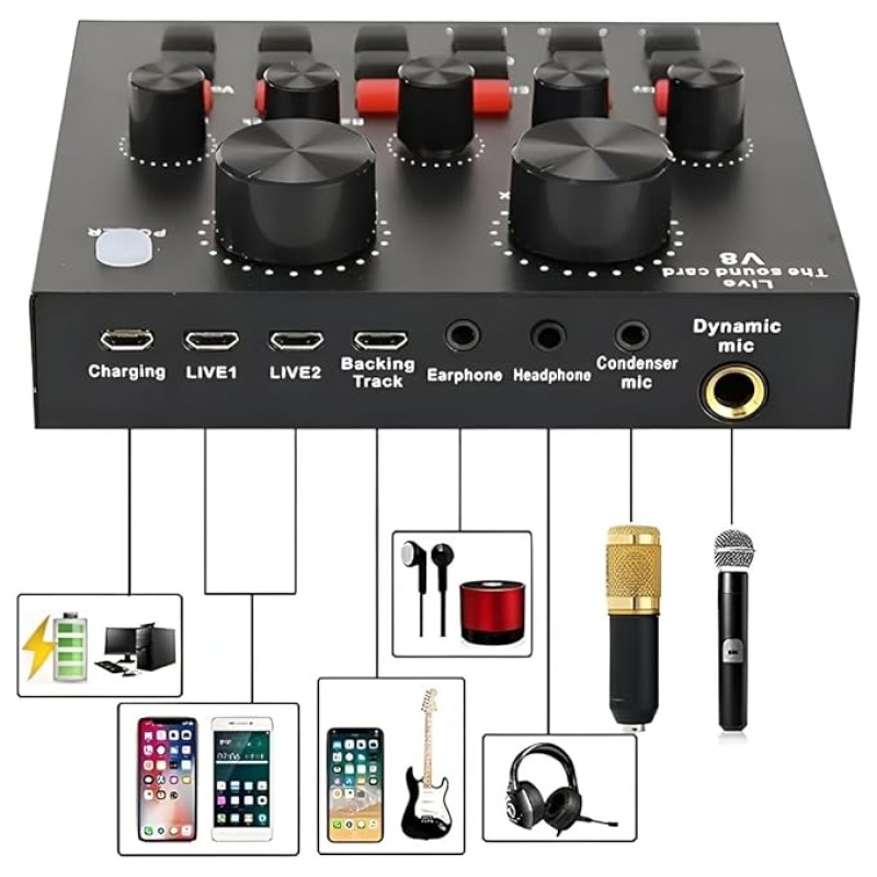 Powerpak V8 Portable Audio Mixer Interface, Bluetooth Sound Card for Live Streaming, Recording, Podcast,Voice Change/Karaoke/Gaming/Singing with Sound Effects, 3.5mm Mic Jack for Guitar Powerpak V8 Portable Audio Mixer Interface, Bluetooth Sound Card for Live Streaming, Recording, Podcast,Voice Change/Karaoke/Gaming/Singing with Sound Effects, 3.5mm Mic Jack for Guitar