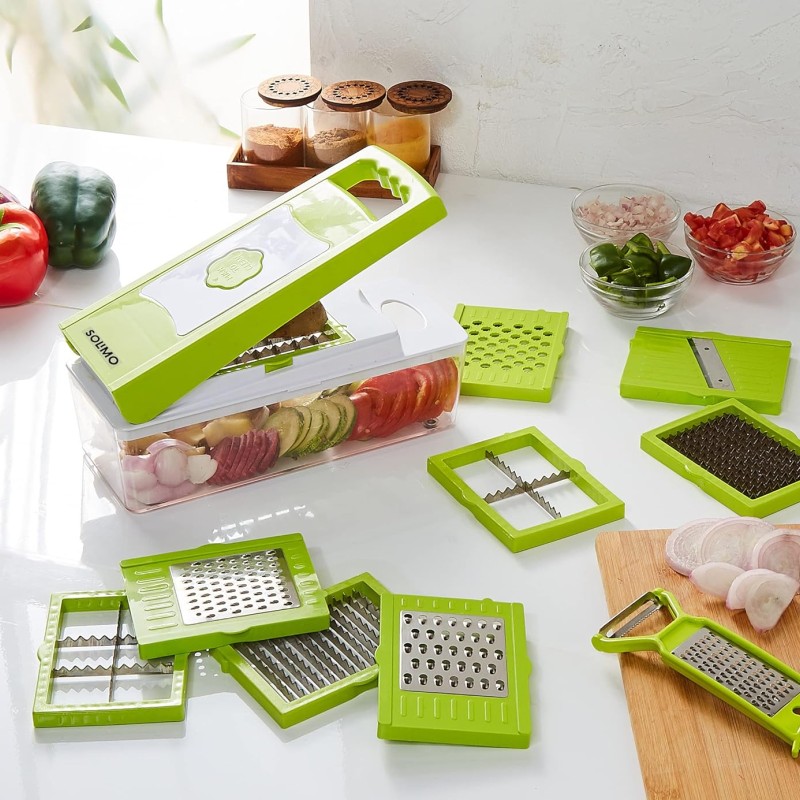 Solimo 11-in-1 Stainless Steel Multipurpose Vegetable and Fruit Chopper, Green