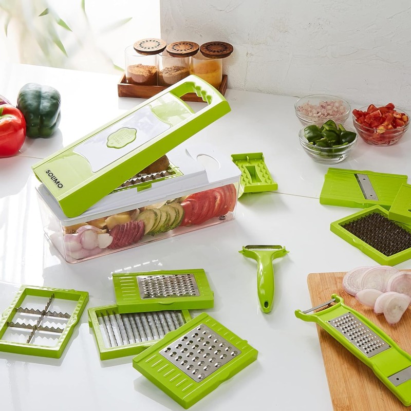 Amazon Brand - Solimo 15-in-1 Stainless Steel Multipurpose Vegetable and Fruit Chopper, Green Amazon Brand - Solimo 15-in-1 Stainless Steel Multipurpose Vegetable and Fruit Chopper, Green