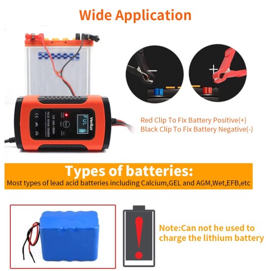 Verilux® Fully Automatic Battery Charger 5A 12V, Car Battery Charger & Maintainer- EU Plugfor Car, Motorcycle, Lawn Mower and More(Red)