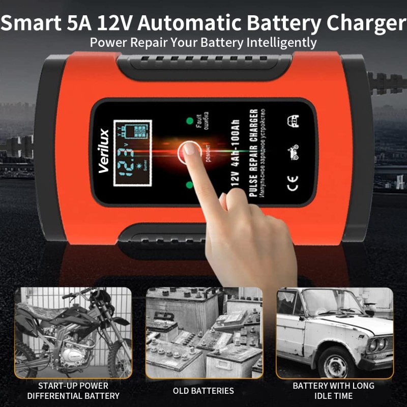 Verilux� Fully Automatic Battery Charger 5A 12V, Car Battery Charger & Maintainer- EU Plugfor Car, Motorcycle, Lawn Mower and More(Red) Verilux� Fully Automatic Battery Charger 5A 12V, Car Battery Charger & Maintainer- EU Plugfor Car, Motorcycle, Lawn Mower and More(Red)