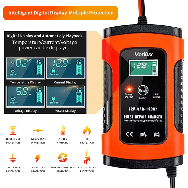 Verilux� Fully Automatic Battery Charger 5A 12V, Car Battery Charger & Maintainer- EU Plugfor Car, Motorcycle, Lawn Mower and More(Red) Verilux� Fully Automatic Battery Charger 5A 12V, Car Battery Charger & Maintainer- EU Plugfor Car, Motorcycle, Lawn Mower and More(Red)