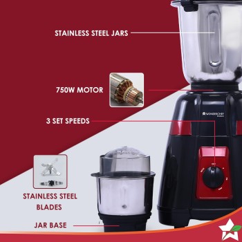Wonderchef Platinum 750W Mixer Grinder | 4 Stainless Steel Jars with Fruit Filter Jar | Powerful 750W motor | 3-Speed & Pulse Function | Anti Skid Feets Wonderchef Platinum 750W Mixer Grinder | 4 Stainless Steel Jars with Fruit Filter Jar | Powerful 750W motor | 3-Speed & Pulse Function | Anti Skid Feets
