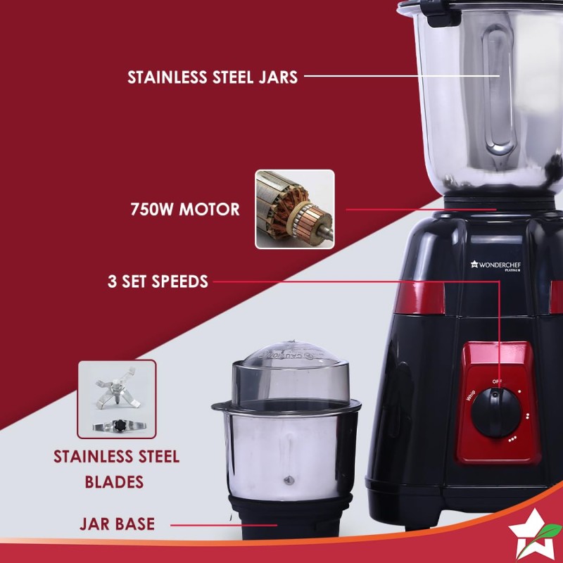 Wonderchef Platinum 750W Mixer Grinder | 4 Stainless Steel Jars with Fruit Filter Jar | Powerful 750W motor | 3-Speed & Pulse Function | Anti Skid Feets Wonderchef Platinum 750W Mixer Grinder | 4 Stainless Steel Jars with Fruit Filter Jar | Powerful 750W motor | 3-Speed & Pulse Function | Anti Skid Feets