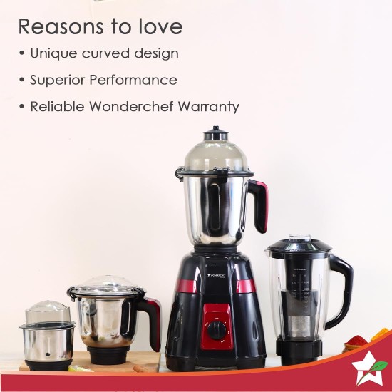 Wonderchef Platinum 750W Mixer Grinder | 4 Stainless Steel Jars with Fruit Filter Jar | Powerful 750W motor | 3-Speed & Pulse Function | Anti Skid Feets