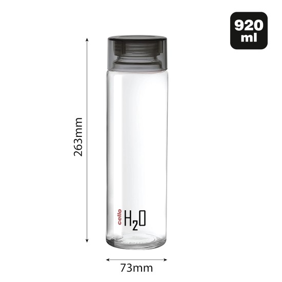 CELLO H2O Glass Fridge Water Bottle with Plastic Cap | Leak proof & break-proof | Wide mouth & Easy to Clean | Best Usage for Office/School/College | Set of 6, 920ml | Black