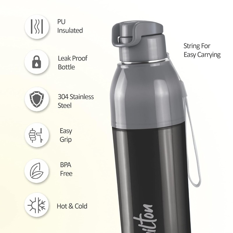 Milton Water Bottle Steel Convey 900 PU Insulated, Inner Stainless Steel Hot & Cold Bottle, 630 ml, Leak Proof, BPA Free, Ideal for Home, Office, Gym, Travelling, Black Milton Water Bottle Steel Convey 900 PU Insulated, Inner Stainless Steel Hot & Cold Bottle, 630 ml, Leak Proof, BPA Free, Ideal for Home, Office, Gym, Travelling, Black