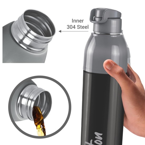 Milton Water Bottle Steel Convey 900 PU Insulated, Inner Stainless Steel Hot & Cold Bottle, 630 ml, Leak Proof, BPA Free, Ideal for Home, Office, Gym, Travelling, Black