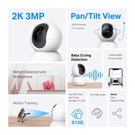 Tapo TP-Link C210 360° 3MP Full HD 2304 X 1296P Video Pan/Tilt Smart Wi-Fi Security Camera | Alexa Enabled | 2-Way Audio| Night Vision| Motion Detection | Indoor CCTV White