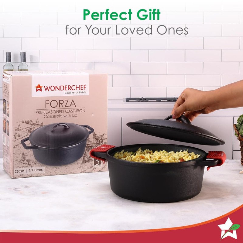 Wonderchef Forza 25 cm Cast-Iron Casserole with Lid | Pre-Seasoned Cookware | Induction Friendly | 4.7 L | 3.8 mm with Lifetime Exchange Warranty Wonderchef Forza 25 cm Cast-Iron Casserole with Lid | Pre-Seasoned Cookware | Induction Friendly | 4.7 L | 3.8 mm with Lifetime Exchange Warranty