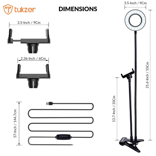 Tukzer 3.5" LED Selfie Ring Light with Phone Holder |Flexible Arm Desk Mount Clamp for Live Stream, Makeup, Online Meetings, Recording, Photography, USB Reading Light | 3 Color 10 Brightness Level