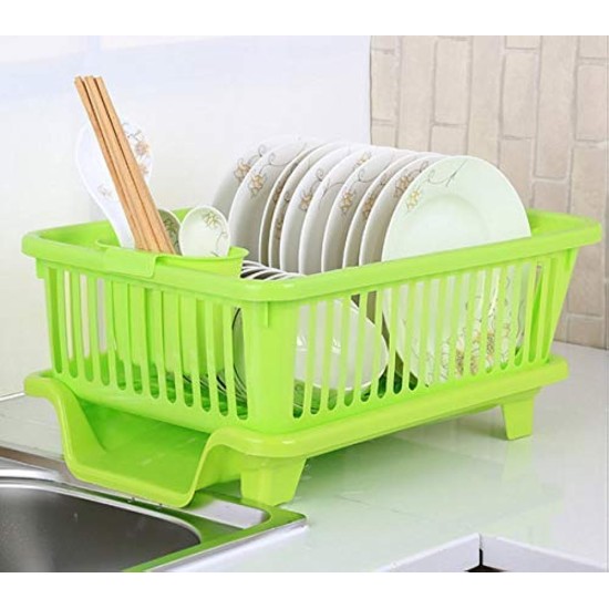 ROKOO Omkar s 3 in 1 Kitchen Sink Dish Drainer Drying Rack Utensils Washing Holder Plastic Basket Organizer with Tray and Utensil Cutlery Holder Cup (Green)