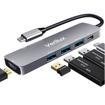 Verilux? USB C Hub, 5 in 1 Portable Aluminum Multiport Adapter Type C Hub with 4K HDMI Output, USB 2.0/3.0 Ports,USB C 100W PD, Compatible with,MacBook Pro/Air/ipad Pro 2018,More USB C Devices