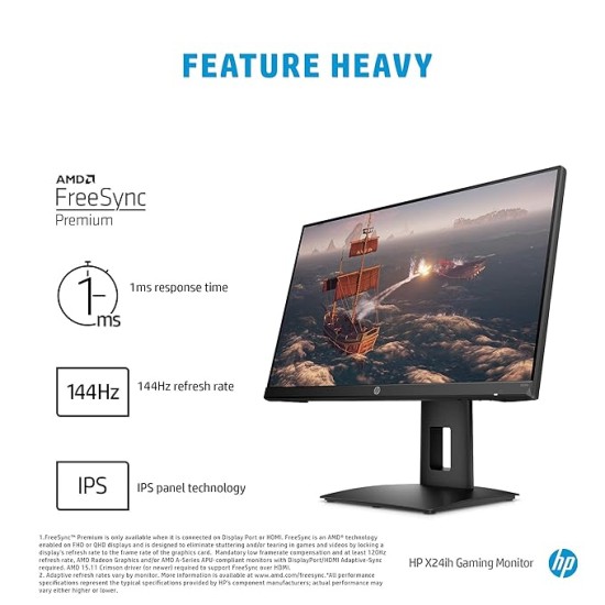 HP X24ih 23.8-inch FHD Gaming Monitor with 350 nits IPS Panel, 144 Hz, Adaptive Sync, 1xHDMI, 1xDP, VESA Mount, Height & Tilt Adjust 13L82AA (Black)