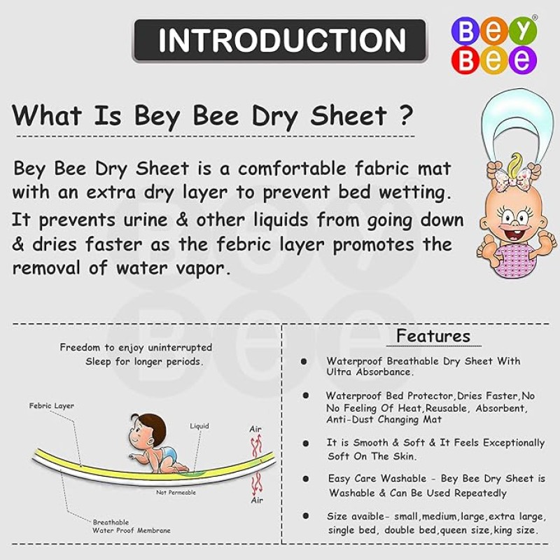 BeyBee Instadry Anti-Piling Fleece Extra Absorbent Quick Dry Sheet for New Born Babies, Cotton Bed Protector Mattress, Reusable Waterproof Baby Cot Sheet for Toddler Infant, Small Size 50x70cm, Grey