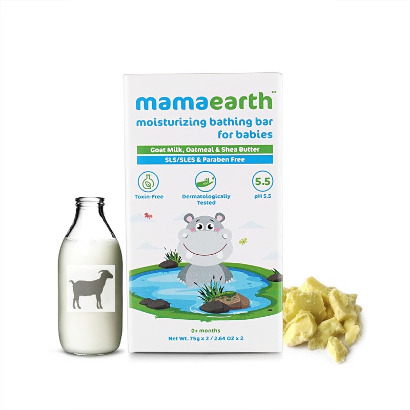 Mamaearth Moisturizing Baby Bathing Soap Bar, pH 5.5, with Goat Milk & Oatmeal. Pack of 2, 75gms Each