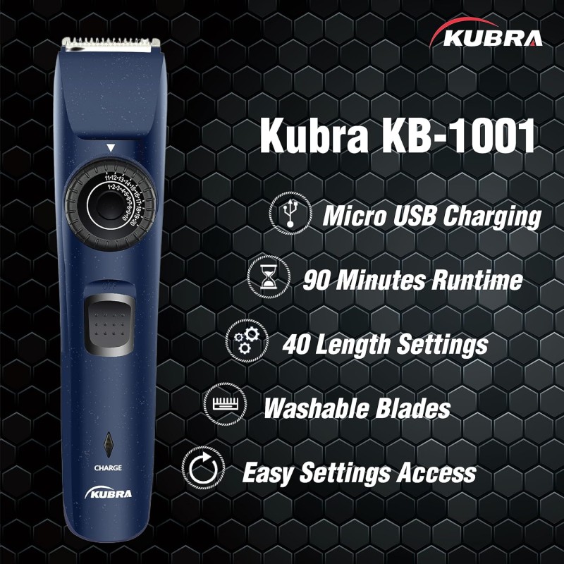 Kubra KB-1001 USB Fast charging, 90 min runtime, Adjustable 38 Length Setting, Ultra Sleek Beard Trimmer for Men (Blue) Kubra KB-1001 USB Fast charging, 90 min runtime, Adjustable 38 Length Setting, Ultra Sleek Beard Trimmer for Men (Blue)