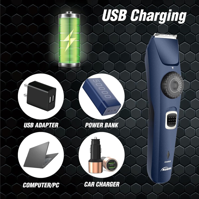 Kubra KB-1001 USB Fast charging, 90 min runtime, Adjustable 38 Length Setting, Ultra Sleek Beard Trimmer for Men (Blue) Kubra KB-1001 USB Fast charging, 90 min runtime, Adjustable 38 Length Setting, Ultra Sleek Beard Trimmer for Men (Blue)