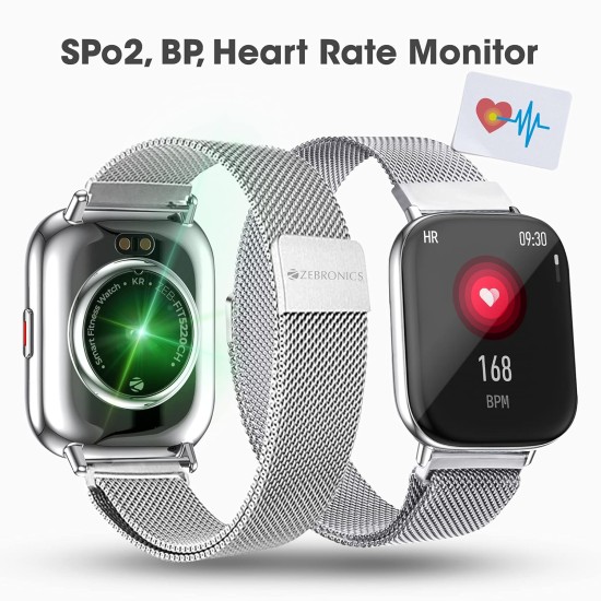 Zebronics Zeb-FIT5220CH Limited Edition Smart Fitness Watch,2.5D Curved Glass 4.4cm Square Display, Metal Body & Strap, SpO2/BP/HR Monitor, IP68 Water Proof, 8 Sports Mode(Silver Rim + Metal Strap)