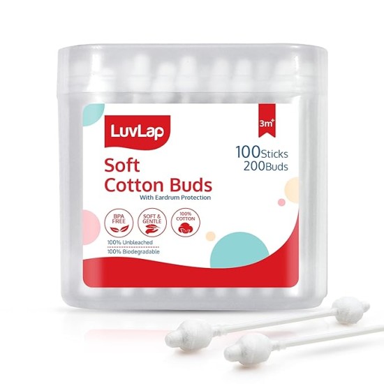 LuvLap Baby Comfy Safety Tip Cotton Buds with Ear Cleaning Protection, Unbleached Cotton, Pack of 100 Sticks,200 Buds White