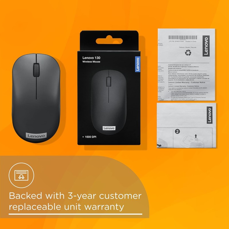 Lenovo 130 Wireless Compact Mouse, 1K DPI Optical sensor, 2.4GHz Wireless NanoUSB, 10m range, 3button(left,right,scroll) upto 3M left/right clicks, 10 month battery, Ambidextrous, Ergonomic GY51C12380 Lenovo 130 Wireless Compact Mouse, 1K DPI Optical sensor, 2.4GHz Wireless NanoUSB, 10m range, 3button(left,right,scroll) upto 3M left/right clicks, 10 month battery, Ambidextrous, Ergonomic GY51C12380