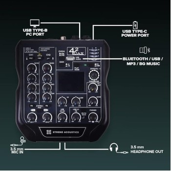 Xtreme Acoustics XAMX42 4 Channel Audio Mixer Interface with 192Khz Sampling Rate, Dual Track Recording, MP3 Input and 24Bit DSP FX Processor for Studio Youtube Recording, DJ Mixing, Karaoke Singing Xtreme Acoustics XAMX42 4 Channel Audio Mixer Interface with 192Khz Sampling Rate, Dual Track Recording, MP3 Input and 24Bit DSP FX Processor for Studio Youtube Recording, DJ Mixing, Karaoke Singing