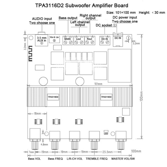 ThreeH Wireless Subwoofer Amplifier Board, Treble and Bass Control, Dual TPA3116D2 Chips for 2.1 Channel High Power (Max 200W) Output