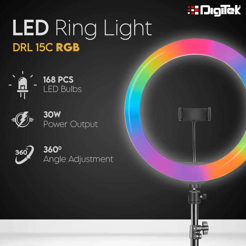 DIGITEK® (DRL-15C RGB) LED RGB Ring Light with Stand for YouTube, Photo-Shoot, Video Shoot, Live Stream, Makeup & More, Compatible with iPhone/Android Phones & Camera