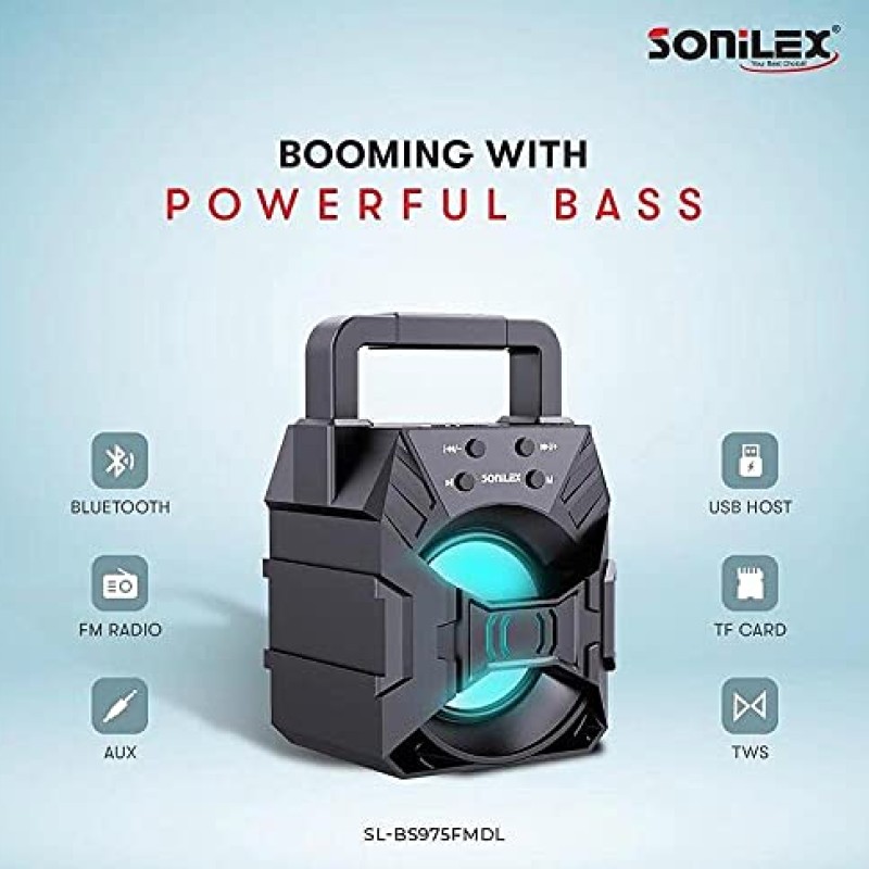 Sonilex BS975FMDL Wireless Bluetooth Speaker 5W with Built-in FM Radio, Aux Input, Portable Speaker with Studio Quality Sound, Party Speaker Powerful Bass, Bluetooth 5.0, Black (SL-BS975FMDL) Sonilex BS975FMDL Wireless Bluetooth Speaker 5W with Built-in FM Radio, Aux Input, Portable Speaker with Studio Quality Sound, Party Speaker Powerful Bass, Bluetooth 5.0, Black (SL-BS975FMDL)