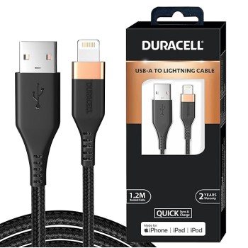 (Refurbished) Duracell USB Lightning Apple Certified (Mfi) Braided Sync & Charge Cable For Iphone, Ipad And Ipod. Fast Charging Lightning Cable, 3.9 Feet (1.2M) - Black