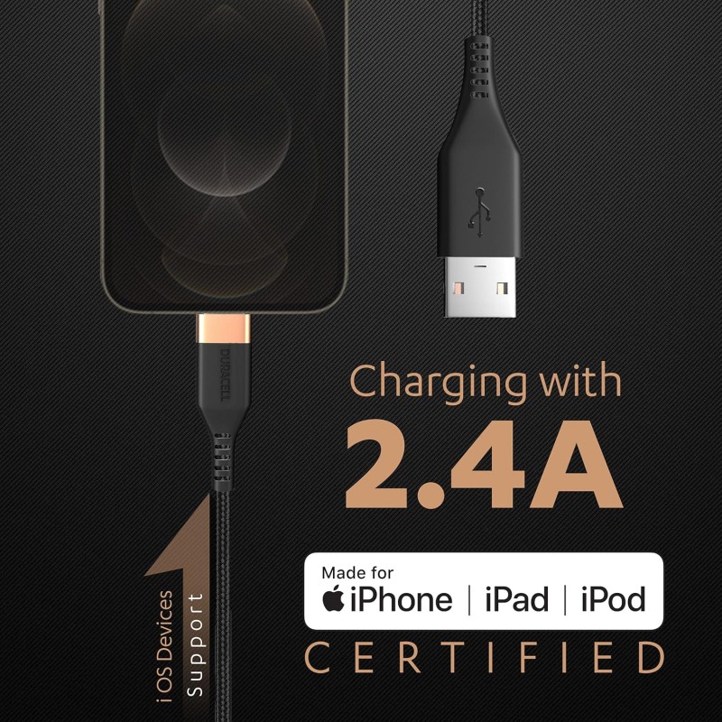 (Refurbished) Duracell USB Lightning Apple Certified (Mfi) Braided Sync & Charge Cable For Iphone, Ipad And Ipod. Fast Charging Lightning Cable, 3.9 Feet (1.2M) - Black (Refurbished) Duracell USB Lightning Apple Certified (Mfi) Braided Sync & Charge Cable For Iphone, Ipad And Ipod. Fast Charging Lightning Cable, 3.9 Feet (1.2M) - Black