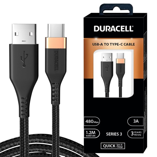 Duracell USB-A to Type C, 65W Braided Sync & Fast Charging Cable, 3.9 Feet (1.2M), QC 2.0/3.0 Ultra Fast Charging, For Samsung, Mi, Realme, OPPO, ONE PLUS, Seamless Data Transmission, Series 3