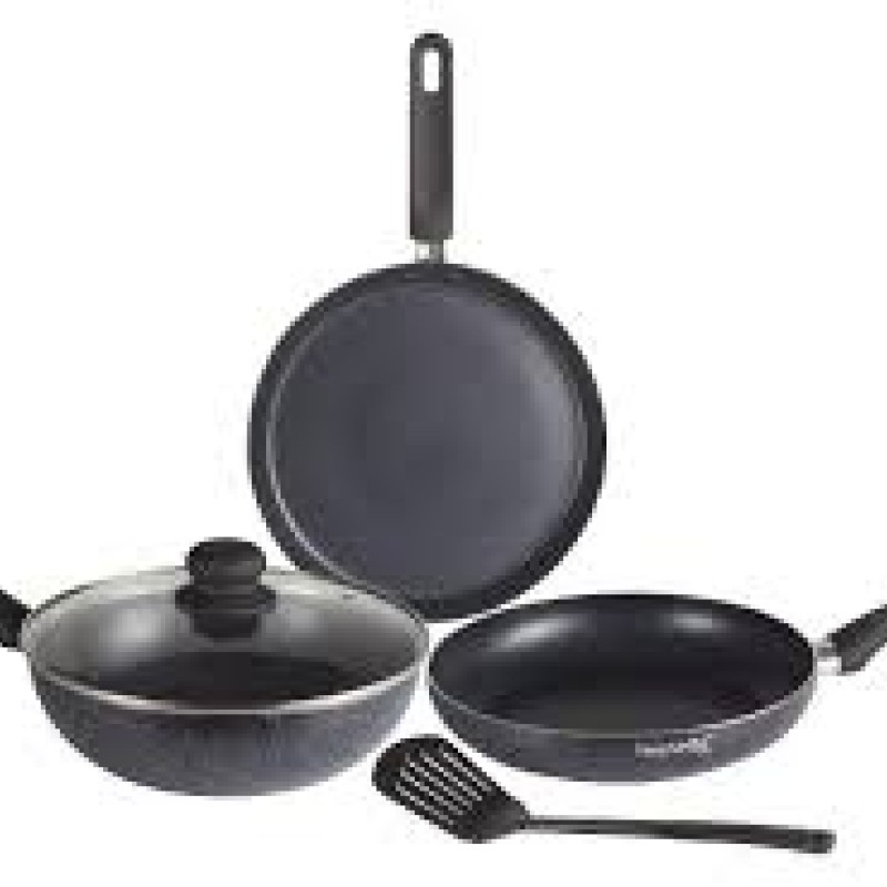 Nouvetta Andria Non-Stick Cookware Set of 5 peices(Dosa Tawa, Kadhai,Frying Pan, Glass Lid,Serving Spoon), Thickness of 3 mm, Black Nouvetta Andria Non-Stick Cookware Set of 5 peices(Dosa Tawa, Kadhai,Frying Pan, Glass Lid,Serving Spoon), Thickness of 3 mm, Black