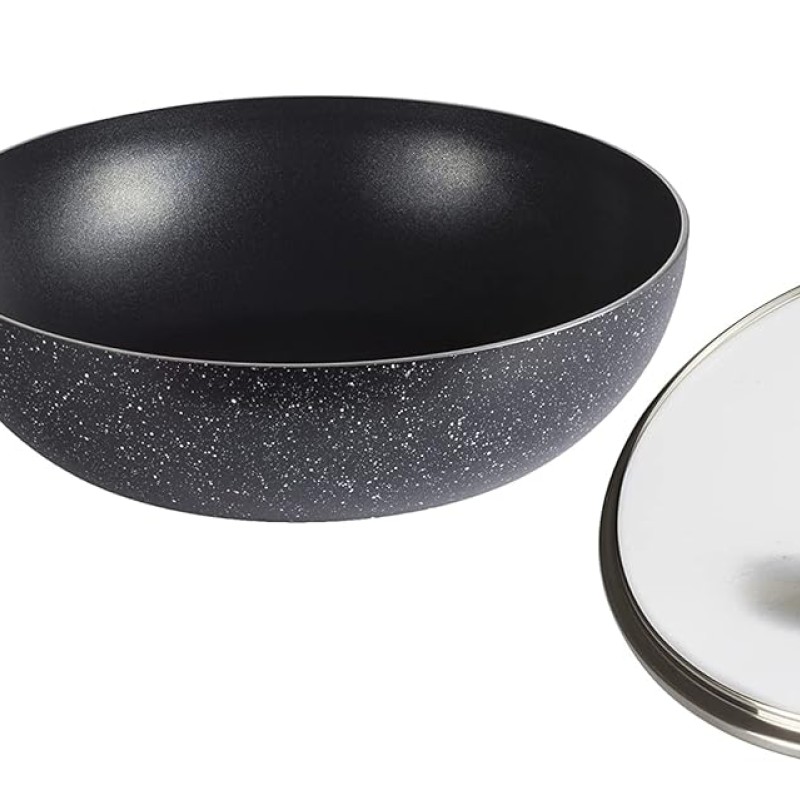 Nouvetta Andria Non-Stick Cookware Set of 5 peices(Dosa Tawa, Kadhai,Frying Pan, Glass Lid,Serving Spoon), Thickness of 3 mm, Black Nouvetta Andria Non-Stick Cookware Set of 5 peices(Dosa Tawa, Kadhai,Frying Pan, Glass Lid,Serving Spoon), Thickness of 3 mm, Black