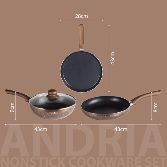 Nouvetta Andria Non-Stick Cookware Set of 5 peices(Dosa Tawa, Kadhai,Frying Pan, Glass Lid,Serving Spoon), Thickness of 3 mm, Black