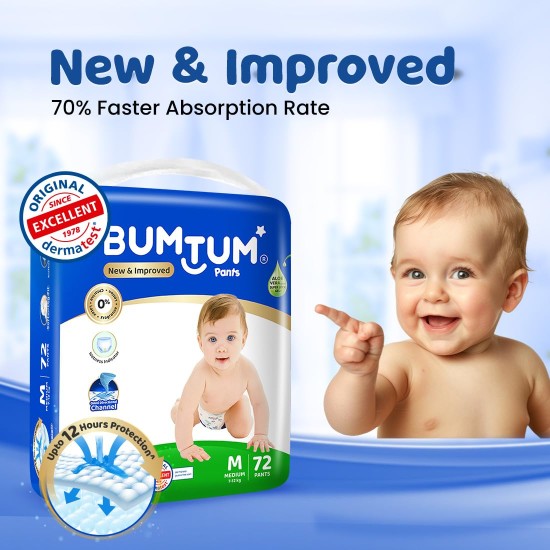 Bumtum Baby Diaper Pants, Medium Size, 72 Count, Double Layer Leakage Protection Infused With Aloe Vera, Cottony Soft High Absorb Technology (Pack of 1)