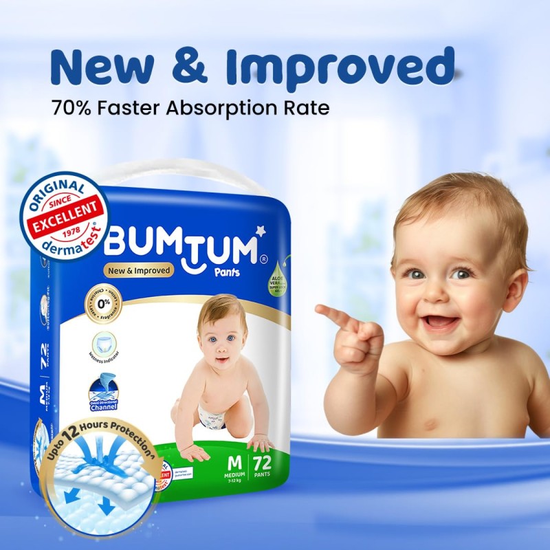Bumtum Baby Diaper Pants, Medium Size, 72 Count, Double Layer Leakage Protection Infused With Aloe Vera, Cottony Soft High Absorb Technology (Pack of 1) Bumtum Baby Diaper Pants, Medium Size, 72 Count, Double Layer Leakage Protection Infused With Aloe Vera, Cottony Soft High Absorb Technology (Pack of 1)