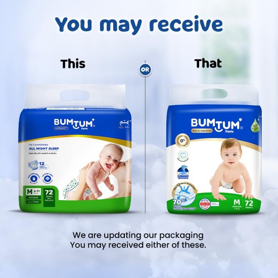 Bumtum Baby Diaper Pants, Medium Size, 72 Count, Double Layer Leakage Protection Infused With Aloe Vera, Cottony Soft High Absorb Technology (Pack of 1)