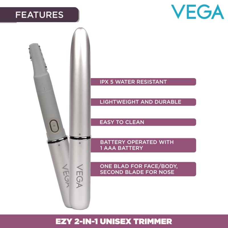 Vega EZY 2-in-1 Unisex Face/Body & Nose Trimmer, IPX 5 Water Resistant, Lightweight & Durable, Battery Operated Trimmer, for Men & Women, Body Trimmer Vega EZY 2-in-1 Unisex Face/Body & Nose Trimmer, IPX 5 Water Resistant, Lightweight & Durable, Battery Operated Trimmer, for Men & Women, Body Trimmer