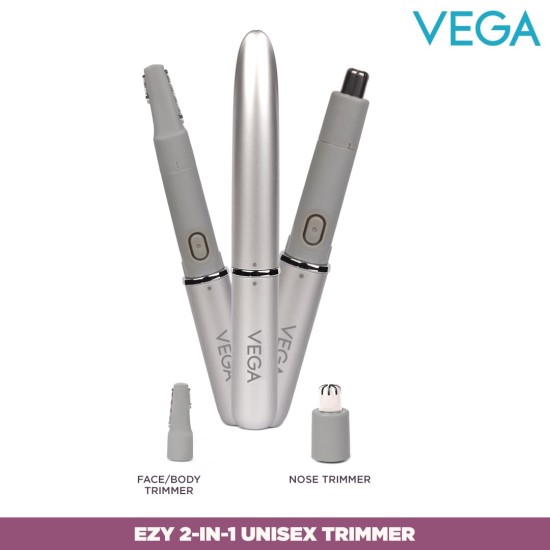 Vega EZY 2-in-1 Unisex Face/Body & Nose Trimmer, IPX 5 Water Resistant, Lightweight & Durable, Battery Operated Trimmer, for Men & Women, Body Trimmer