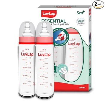 LuvLap Essential Slim Neck Glass Feeding Bottle, 250ml, 3m+ / Infants/Toddler Upto 3 Years, Madeof Borosilicate Glass, BPA Free, Ergonomic Shape is Easy to Hold, with Anti Colic Nipple, Pack of 2
