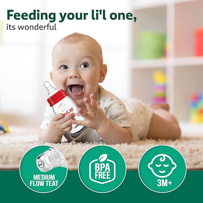 LuvLap Essential Slim Neck Glass Feeding Bottle, 250ml, 3m+ / Infants/Toddler Upto 3 Years, Madeof Borosilicate Glass, BPA Free, Ergonomic Shape is Easy to Hold, with Anti Colic Nipple, Pack of 2